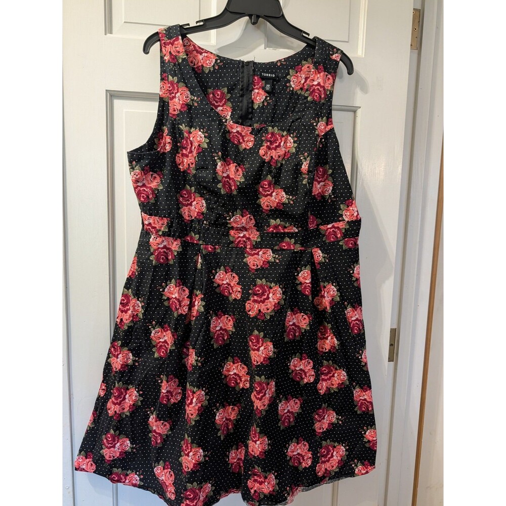 Torrid Dress Womens Plus 20 Black Rose Floral Polka Dot Sleeveless Fit Flare